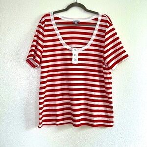 White Birch Red & White Striped Henley Tee w/ unique buttons NWOT